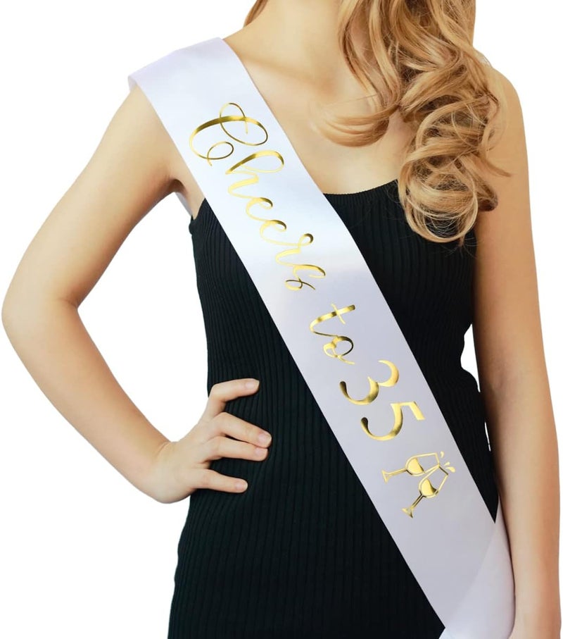 Docooniver It's my 35th Birthday Sash for Women,Men and Girls,Cheers to 35,Happy 35th Birthday Sash White with Gold Foil Lettering. - Image 1